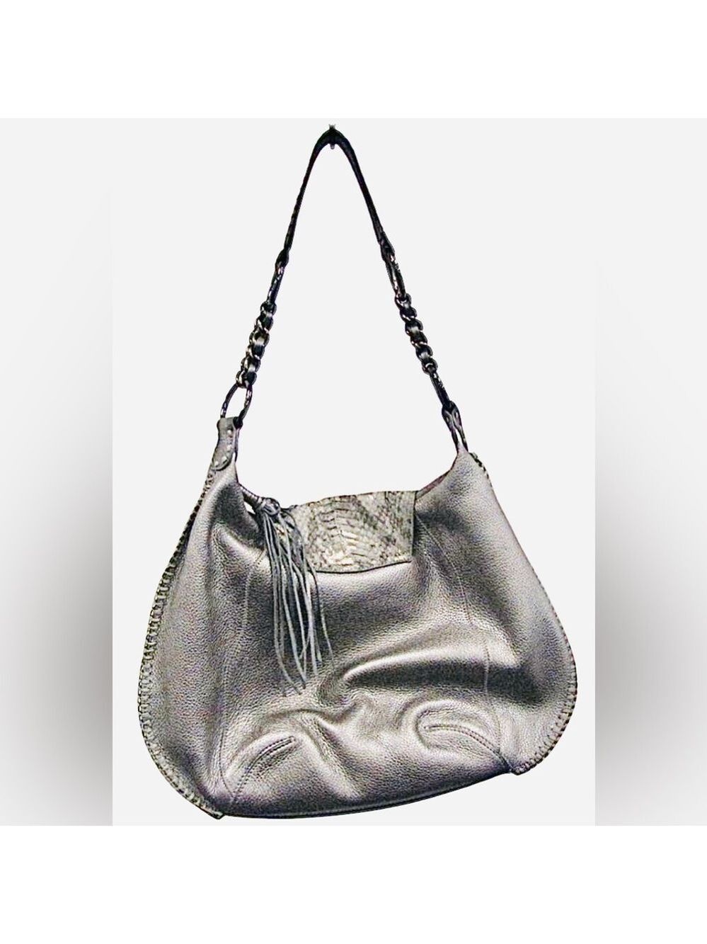 Chi by Carlos Falchi Genuine Leather Snakeskin Silver Hobo Satchel $400 VINTAGE - Picture 4 of 4